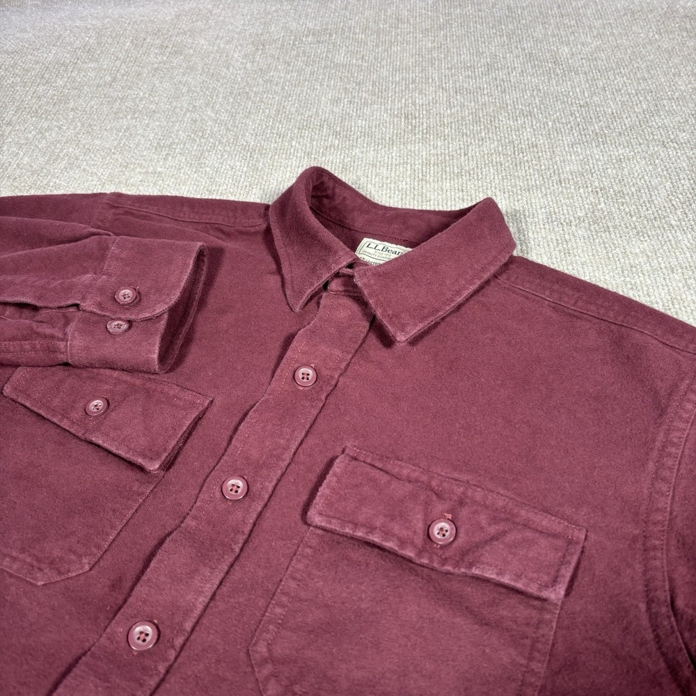 LL Bean Flannel Shirt Mens L Traditional Fit Burgundy‎ Red Chamios Cloth Heavy
